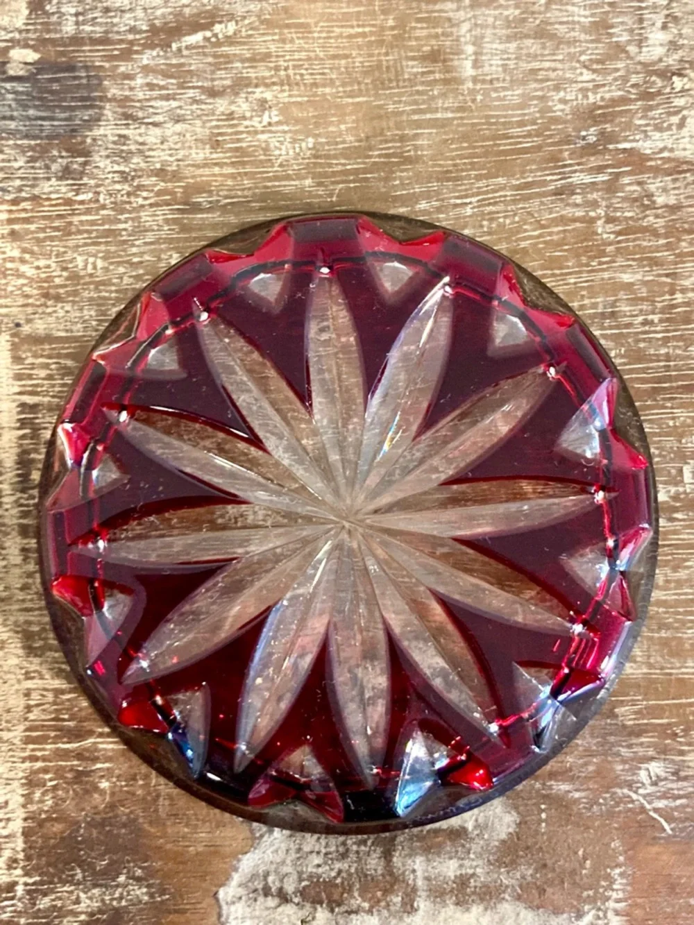 Faberge Xenia Drink Coasters Cut Crystal Red and Green with Starburst Pattern